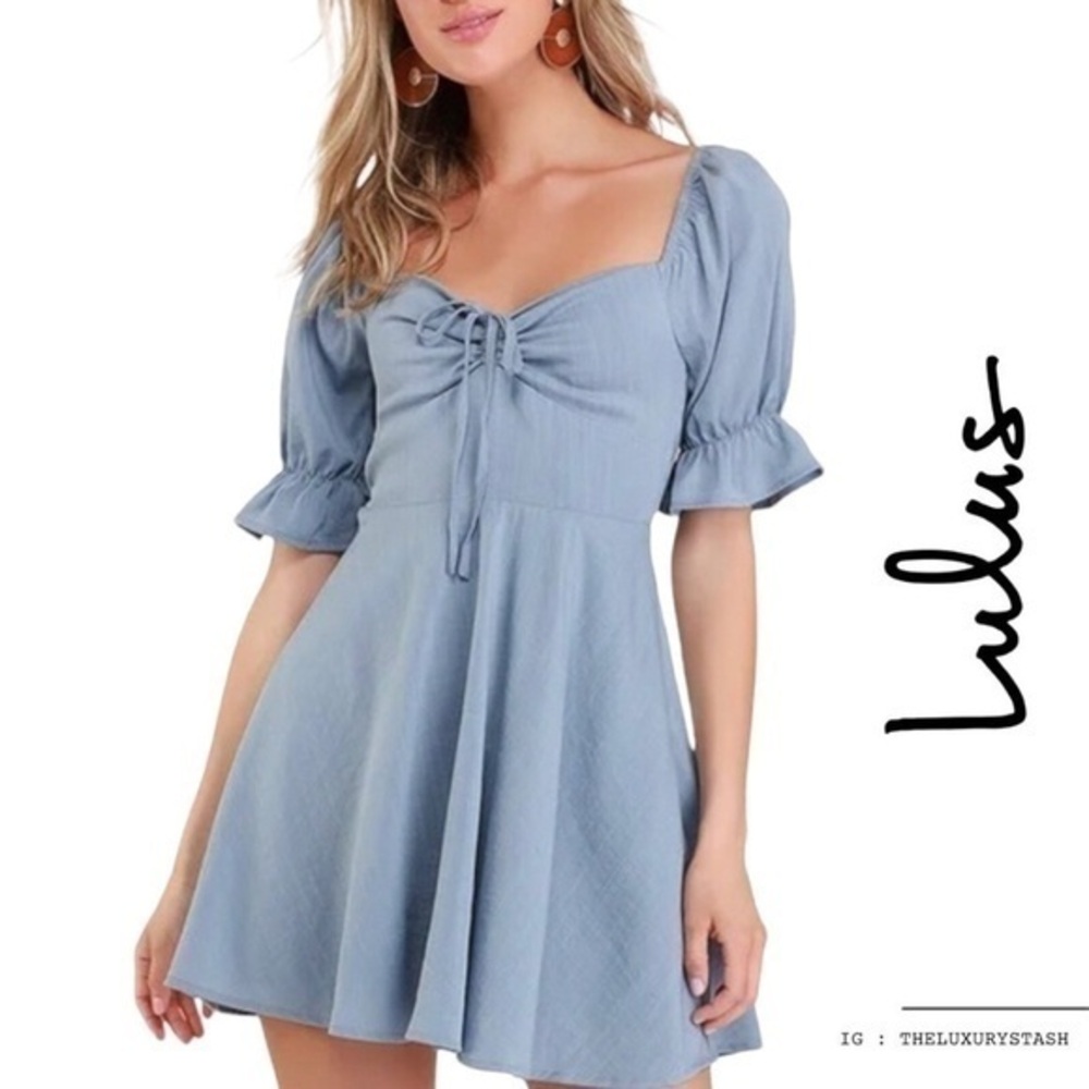 ⚫️ LULU’s Elsie Dusty Blue Puff Sleeve Mini Dress M​​​​​​